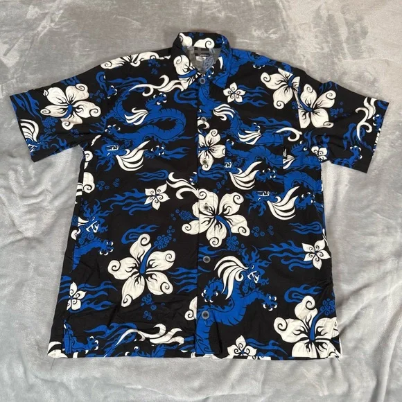 Vintage No Fear Hawaiian Shirt Mens M Dragon Print Rayon Blend USA 90s - Picture 1 of 8